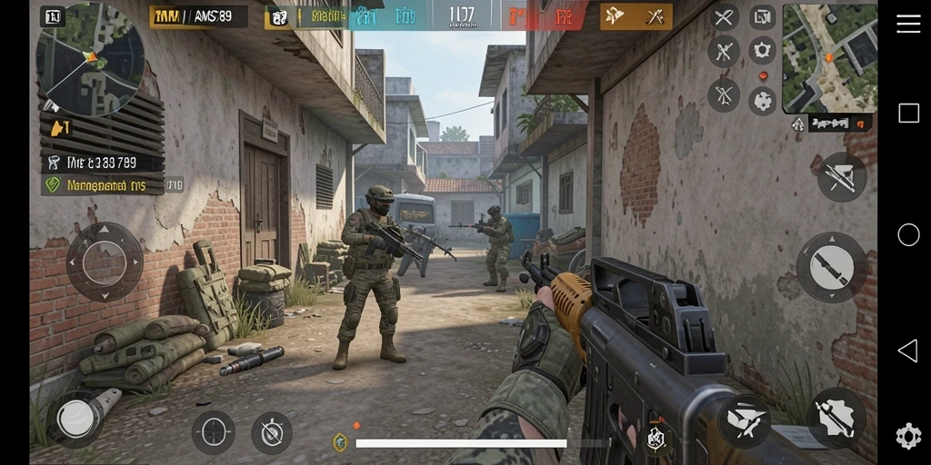 Menggambarkan aksi menembak yang intens dari gameplay AMS789.