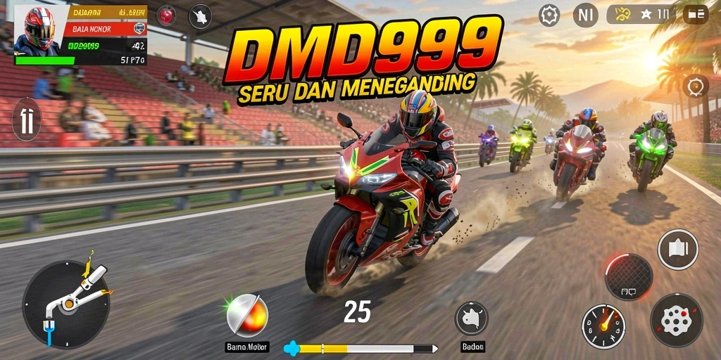 Tampilan balapan seru di DMD999 dengan motor yang melaju kencang.