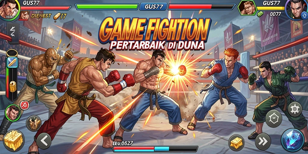Tampilan gameplay yang mendebarkan dalam GUS77, menampilkan pertarungan seru antarkarakter.