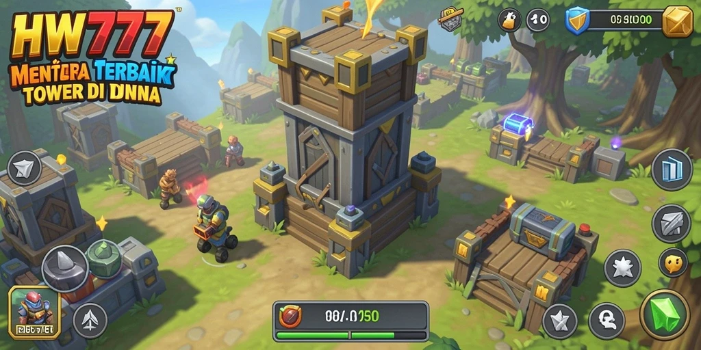 Screenshot gameplay menampilkan serangan menara yang menegangkan di HW777.