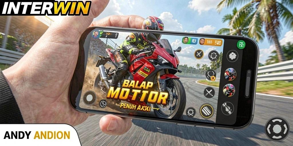Tampilan gameplay seru dengan motor balap cepat di INTERWIN.
