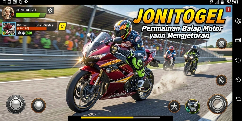 Tampilan gameplay seru di JONITOGEL dengan berbagai motor balap.