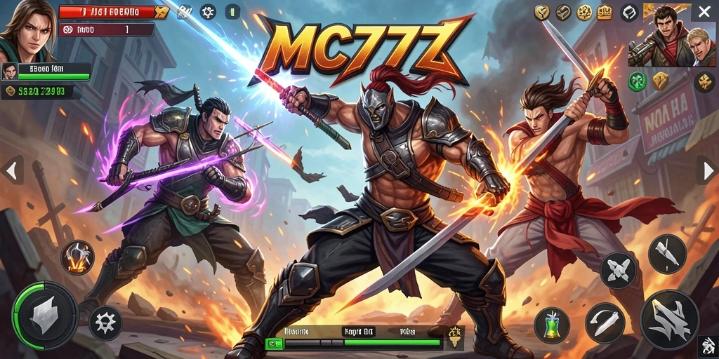Screenshot utama MC777 menampilkan karakter bertarung di arena epik.