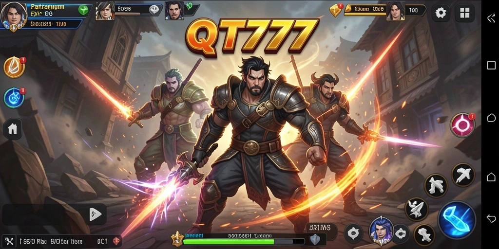 Screenshot utama QT777 menampilkan aksi pertarungan seru dengan karakter yang kuat.