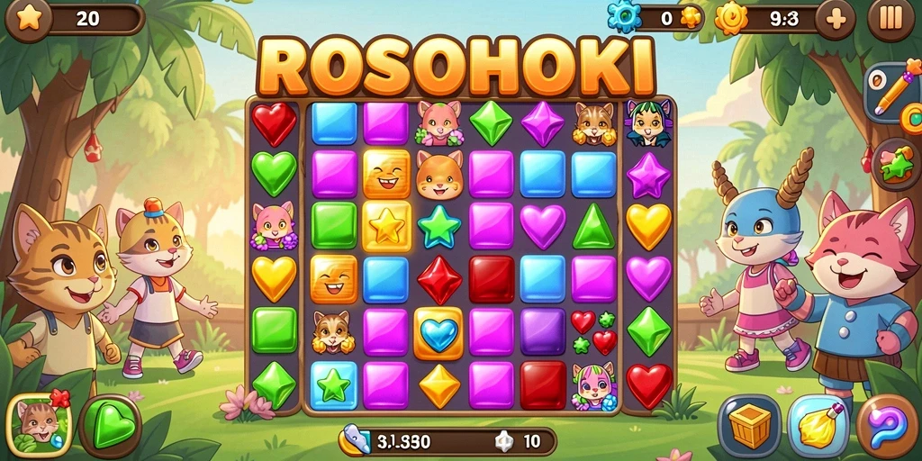 Tampilan gameplay menarik di ROSOHOKI, penuh warna dan tantangan.